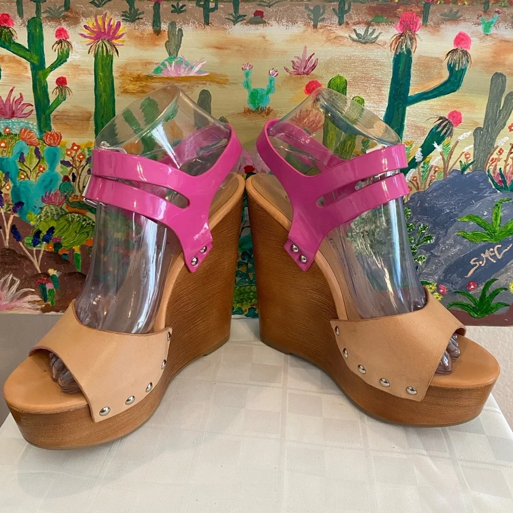 Chinese Laundry, Jungle Gym, Leather Platform Wedge Sandals, Pink/Tan, W Size 7 - Picture 10 of 16